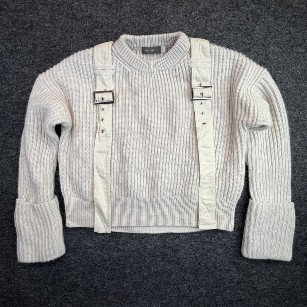 Mint Velvet Buckled Utility Sweater Womens S Ivory Ribbed Wool Blend Pullover